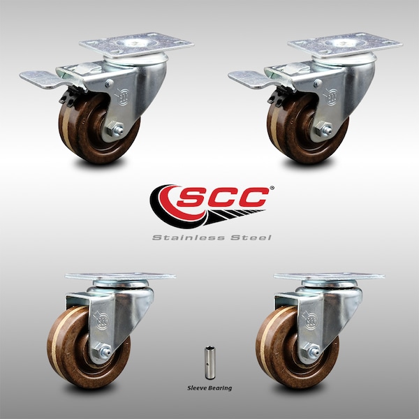 3 Inch SS High Temp Phenolic Top Plate Caster Total Lock Brakes SCC, 2PK